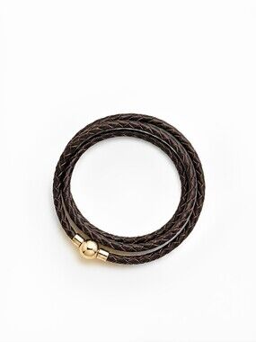 Linx Triple Wrap Vintage Brown Leather Braided Cord Bracelet Gold Magnetic Clasp